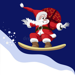 圣诞老人在滑雪板上背着一袋礼物