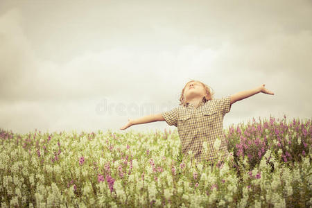 快乐的小男孩举起双臂在绿色的花丛里。