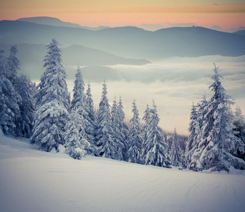 山上美丽的冬季景色。