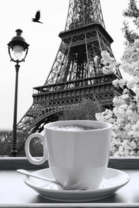 埃菲尔铁塔，带一杯黑白风格的咖啡，巴黎，法国
