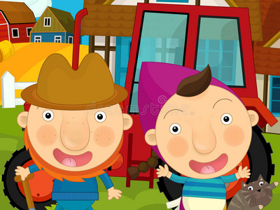 农夫和他的农场卡通农场场景-农夫和他的妻子在拖拉机旁边照片