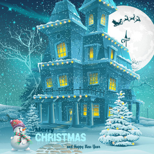 圣诞和贺卡，带有雪人和圣诞树的雪夜图像