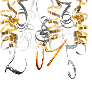 2015年闪亮的金属数字挂在银色和金色的蛇形彩带上