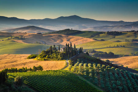 托斯卡纳风景如画日出，瓦尔多尔西亚，意大利