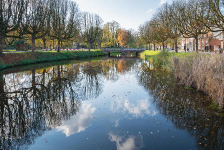荷兰城市运河在秋天