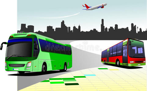有两辆公共汽车和飞机图像的城市全景图