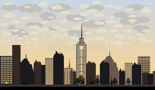 大城市和云层摩天大楼的矢量图解