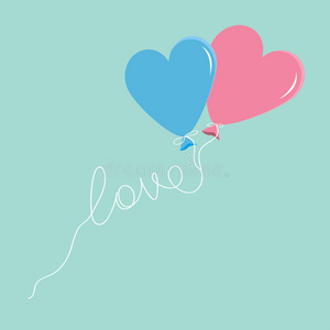扁平粉色背景蓝色和粉色的气球,心形,有爱的线,扁平的设计照片