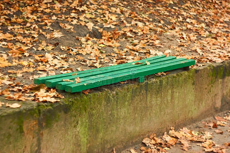 秋叶间的绿色木凳