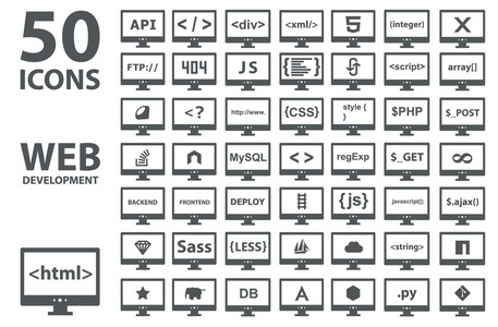 矢量的 web 开发图标集合 html css 标记 服务器 编程语言 脚本 样式上白色孤立