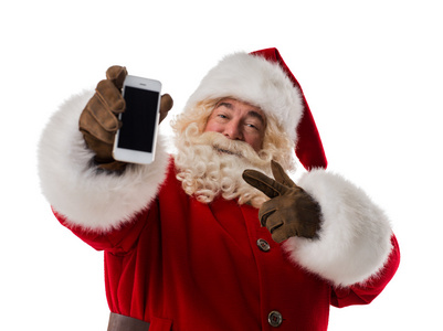 随着智能手机的圣诞老人画像