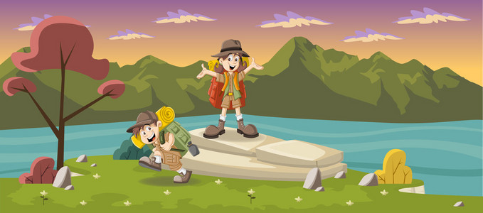 可爱的卡通孩子上绿色与蓝色的湖公园照片