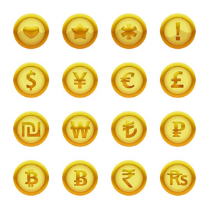 金钱, 商业和金融中蓝色主题图标金色硬币集合的图标.