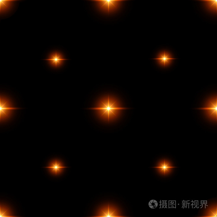 无缝模式的明亮的恒星。闪光的假象。橙色的火焰在黑色背景上。抽象背景。矢量图
