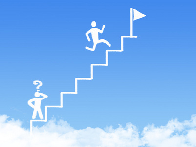 通往成功在蓝蓝的天空中的云楼梯照片