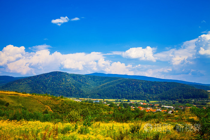奇妙的绿色景观喀尔巴阡山与蓝蓝的天空的