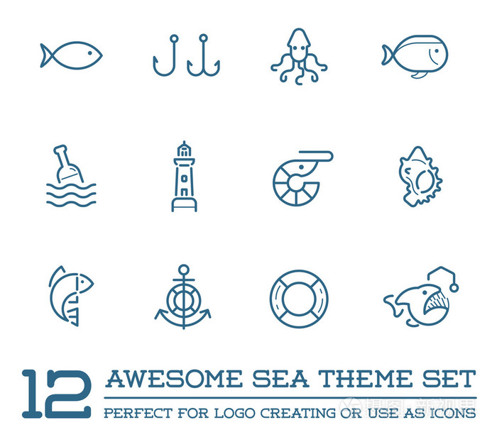 海洋食物元素和海洋标志