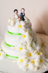 婚礼蛋糕顶部的新娘和新郎俑的特写