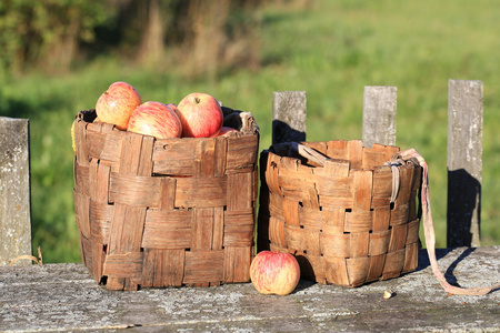 苹果的柳条篮子旧复古老式乡村风格夏秋季