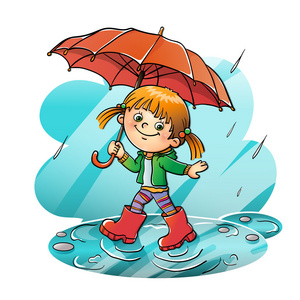 快乐的女孩走在雨中