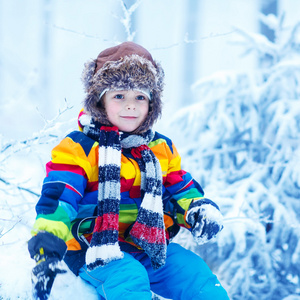 可爱的小滑稽男孩在丰富多彩的冬天的衣服中得到乐趣