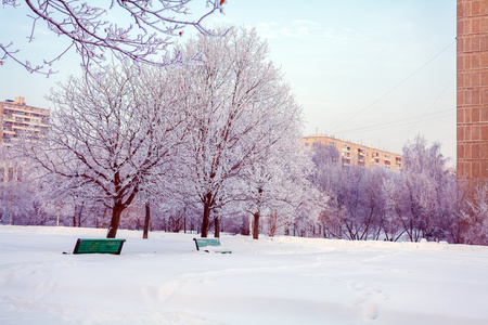 冬季下雪长椅公园