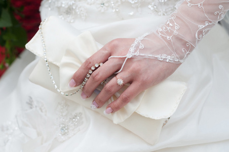 在她的手，新娘的婚礼手提包