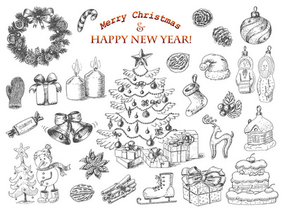 大套的圣诞装饰品的素描风格。圣诞树 礼物 花圈 雪人 圣诞玩具 球和更多