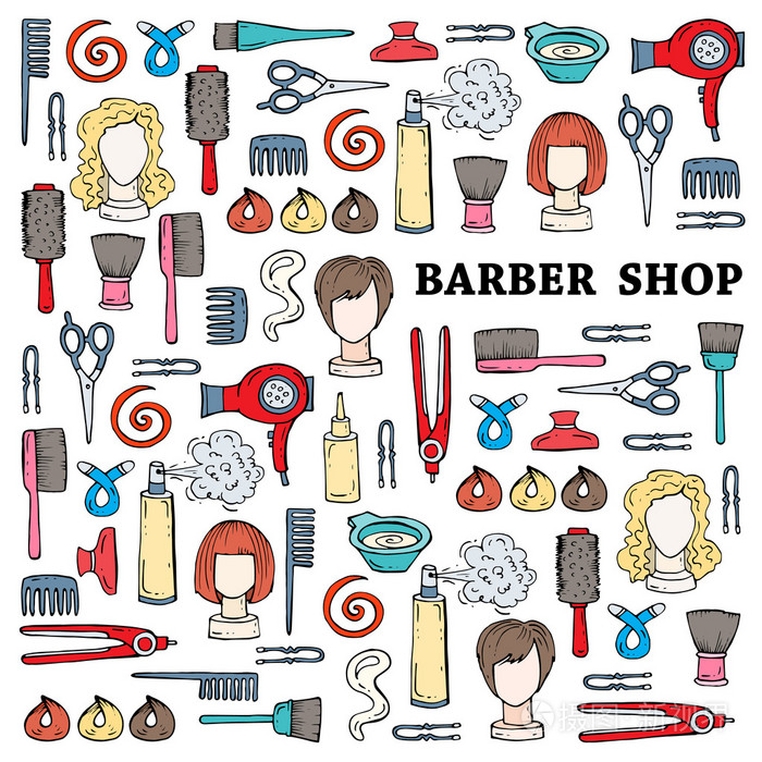 可爱的插图与手绘符号的理发店