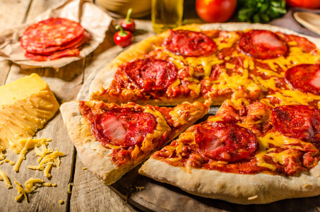 质朴的意大利腊肠披萨切达干酪和香肠