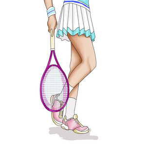 手绘插画的女孩穿着网球裙和运动鞋