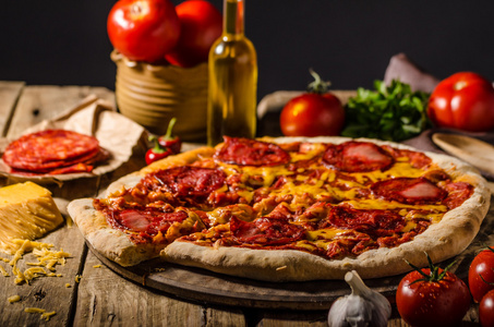 质朴的意大利腊肠披萨切达干酪和香肠