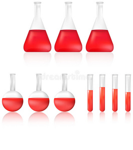 带有红色化学液体图标的科学试管和烧杯