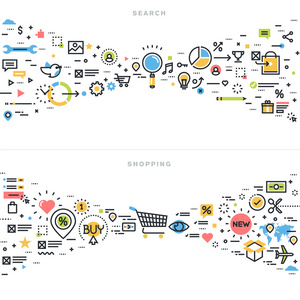扁线设计矢量图概念为搜索结果 seo 信息发现 内容分析 购物 电子商务 零售购物活动