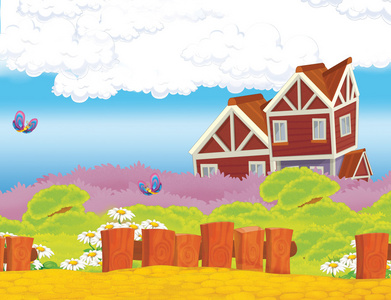 房子里的蝴蝶卡通农场场景与木房子里照片