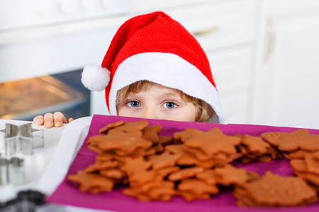 小家伙烘烤圣诞饼干在家里的男孩