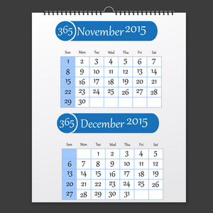 11 月至 2015 年 12 月在灰色的背景上的日历