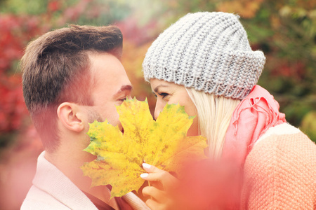 年轻情侣在公园在秋天