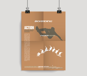 海报的滑雪板。海报设计模板。男子跳与滑雪板。现代风格。绚丽多彩。矢量图