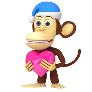 3d 有趣的猴子，在圣诞老人帽用粉红色的心