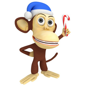 3d 有趣的猴子，在圣诞老人帽子与糖果手杖