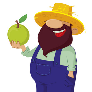 大胡子的农民拿着一个绿色的苹果