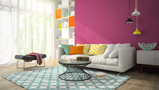 室内的紫色墙壁 3d 渲染与现代设计室 3