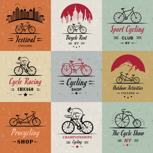 设置老式自行车和自行车标志和徽章