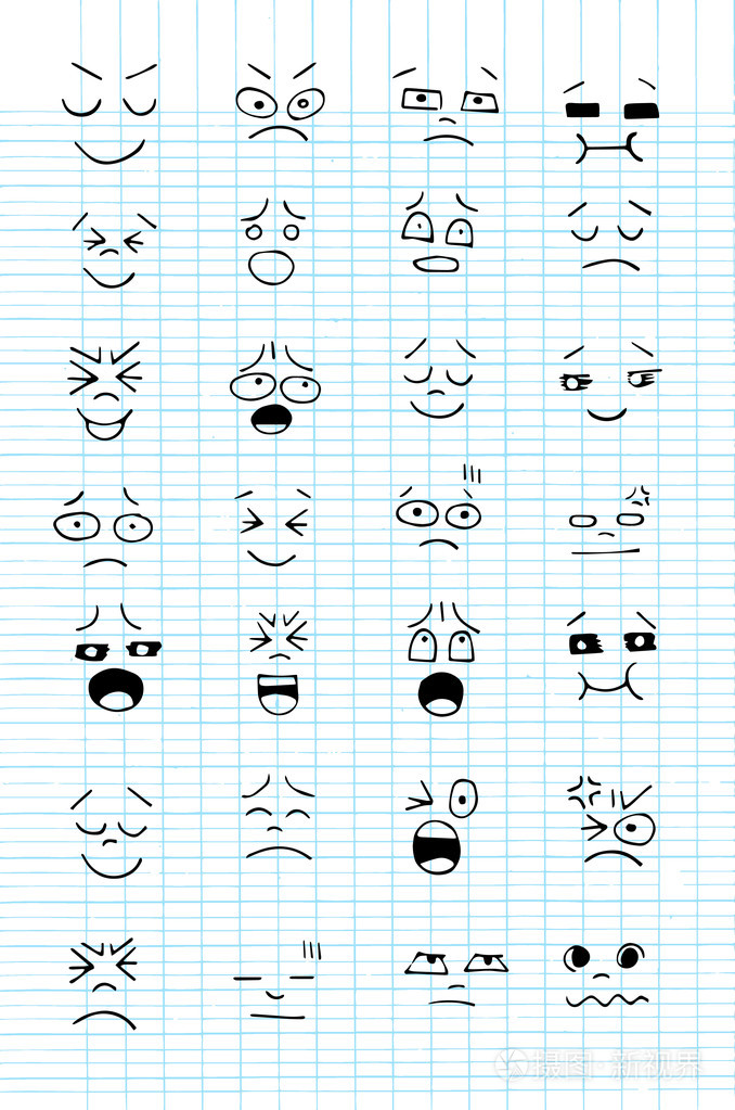 手绘漫画设计设置的面孔。矢量图