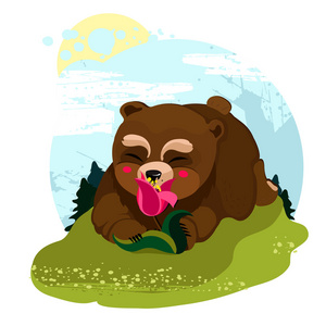 快乐的泰迪熊嗅到的一朵花