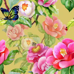 蝴蝶和花卉背景上的瓢虫