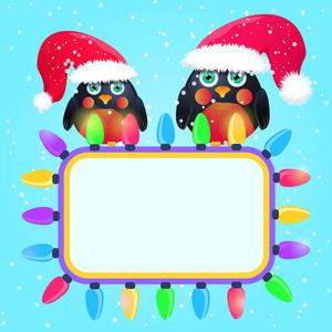 可爱的红色帽子席位在圣诞贺卡上的鸟