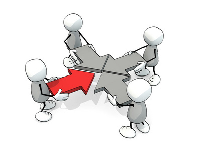 结合到一个的四个箭头的粗略小人照片