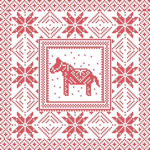 斯堪的纳维亚风格北欧冬季十字绣，针织图案在广场上，平铺形状包括雪花 瑞典装饰 dala 马 雪花和圣诞装饰元素在红